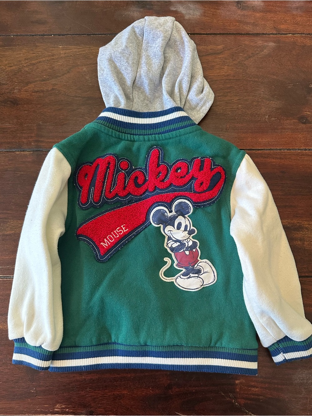 Disney Mickey Mouse Varsity Jacket Kids 3T Green Hooded Letterman Snap Front
